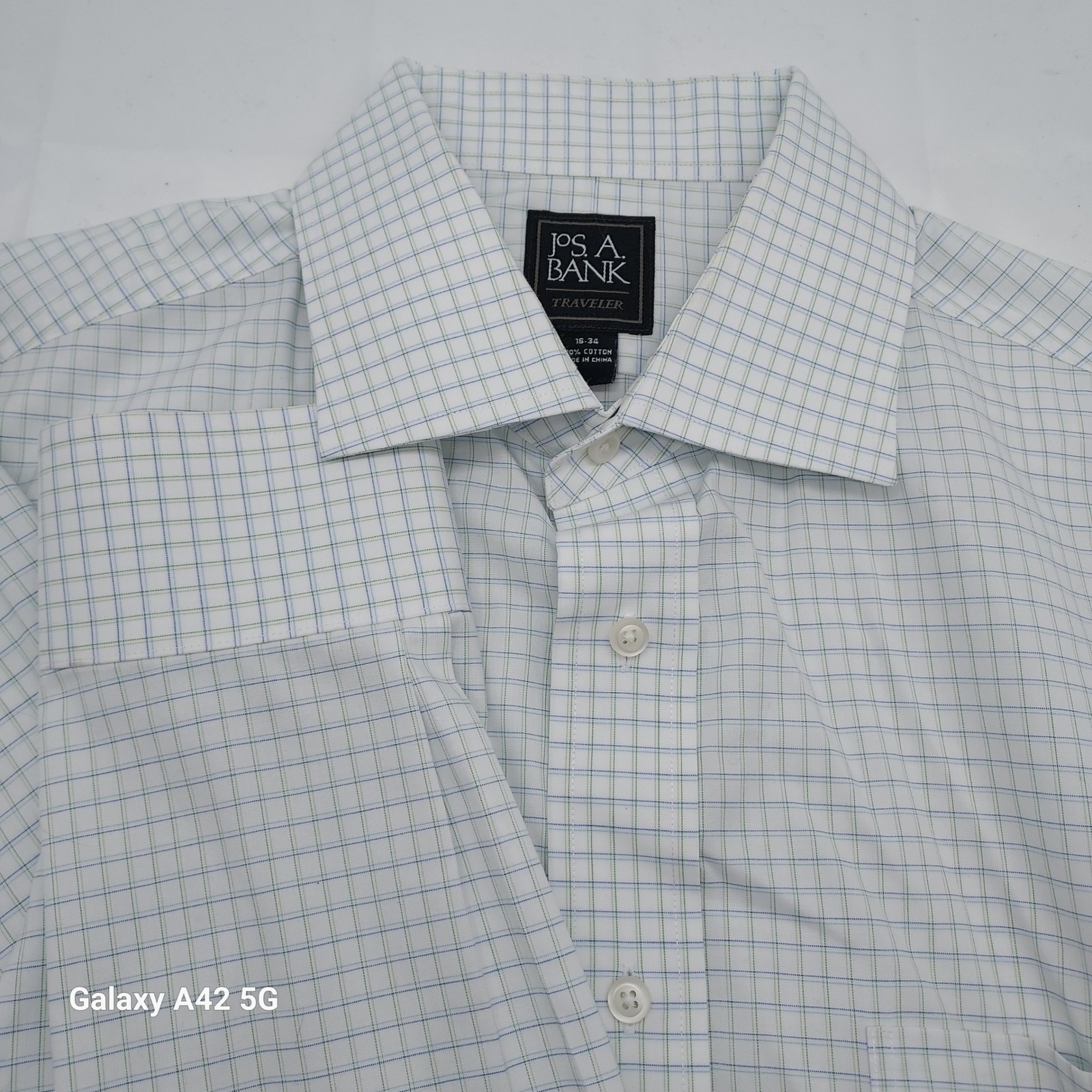 Jos. A. Bank Traveler Mens 16 Dress Shirt White Blue Green Check Cotton Long